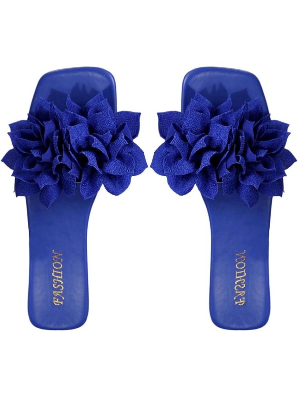 Women's Blue 3D Floral Square Open Toe Single Band Casual Slip on Flats Slides